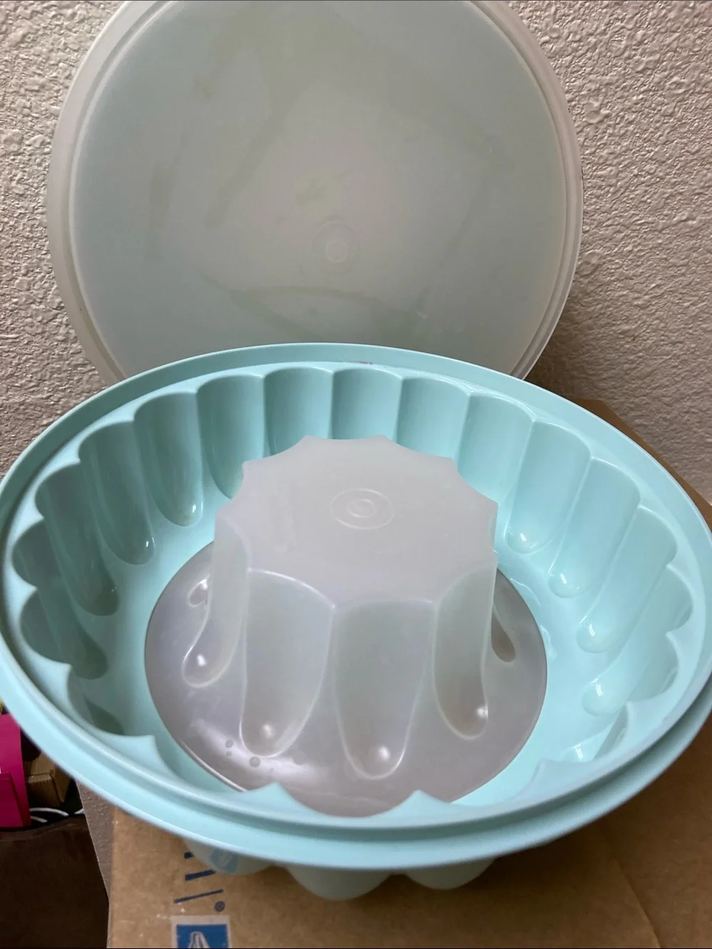 Vtg, Tupperware Jello-Ring Mold Mint Blue Plastic with Lids - Set of Two